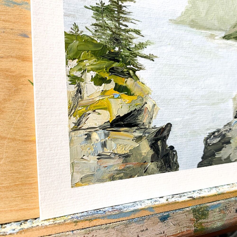 6x6 Maine Original Oil Painting Seascape Pines Rocky Bluff Coastal Art Signed - Picture 3 of 8